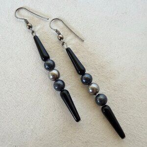 Long Beaded Handcrafted Earrings Black Grey Beaded Silver Tone Metal Pierced New